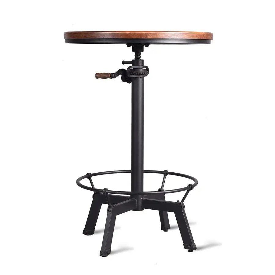 

Industrial Pub Table 23.65 Round Wood Top Adjustable Height 33.539.4 with Handle Black Bar Table