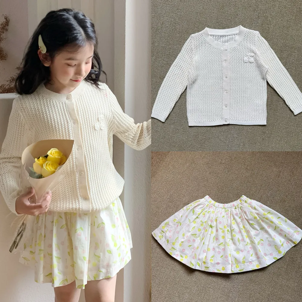 

Summer Spring Sunscreen coat girls clothes Off white hollowed out cardigan Cherry patterned embroidered knitted cardigan