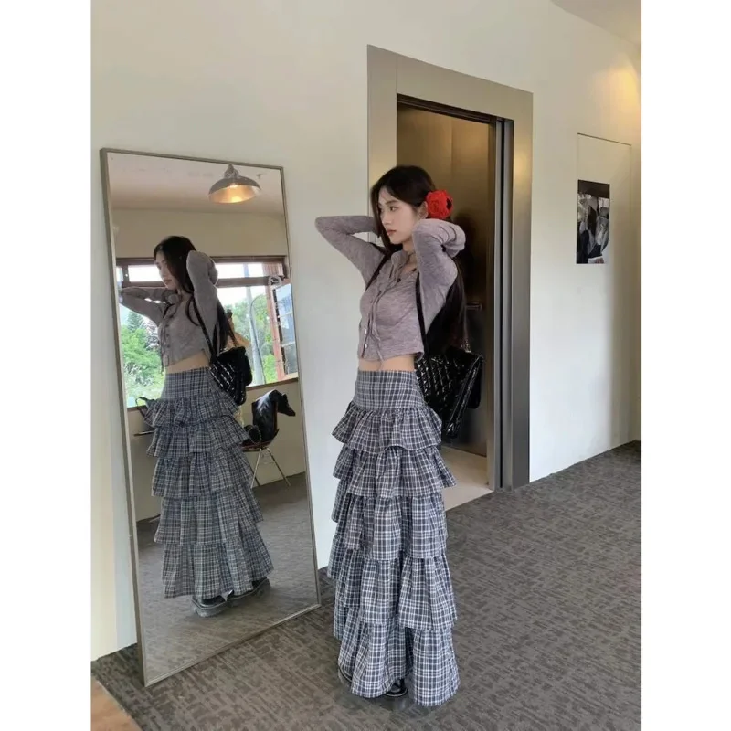 Vintage Plaid Midi Skirts Women New Casual Puffy High Waisted Tierred Ruffles Long Pleated Skirt Spring Summer All Match Bottom