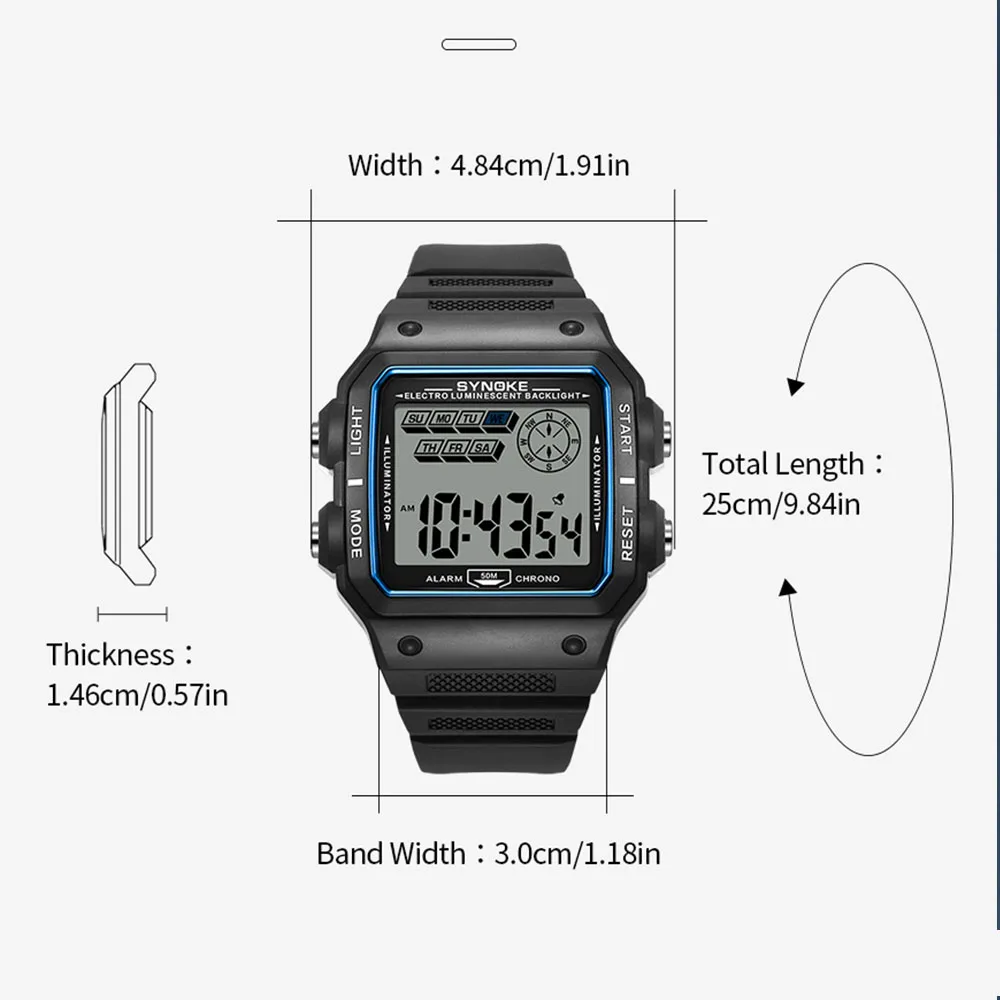 Outdoor Sport Digital Watch Retro Square Dial Easy to Read 5ATM Water Resistant Digital Watch for Men