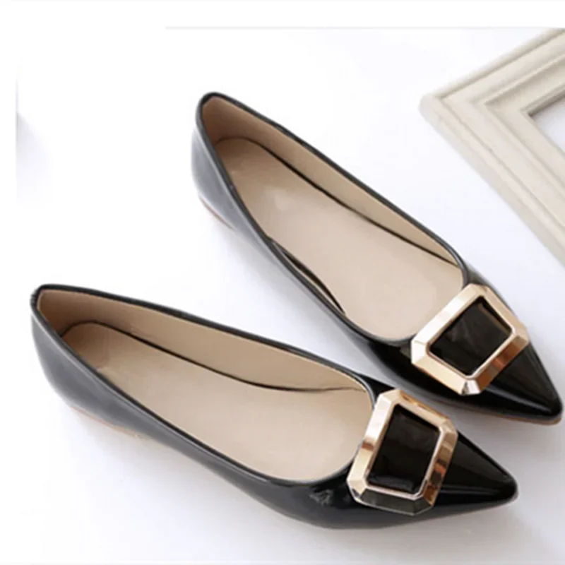 Female Vintage Pointy Toe Plus Size 33-48 Flat Heels Women Metal Buckle Slip-Ons For Party Stiletto Lovely Shoes Grey Red Beige