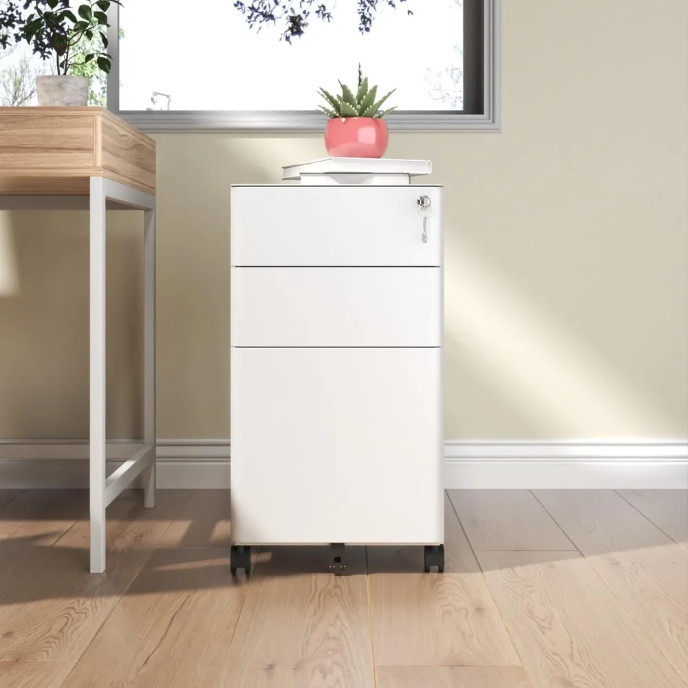 خزانة ملفات متنقلة من الفولاذ الأبيض ذات 3 أدراج مع قفل، وأدراج ضحلة وعميقة، وميزة مضادة للطرف، وحل تخزين آمن