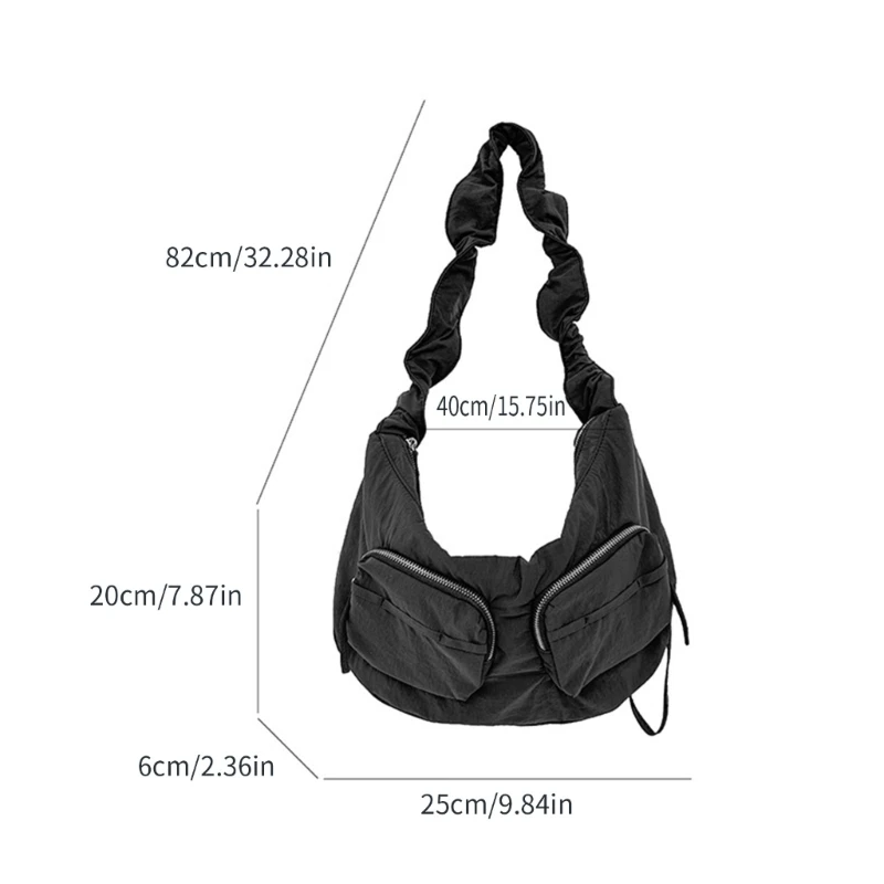 Women Fashion Pleated Drawstrings Shoulder Bag Casual Solid Nylon Crossbody Bag Multiple Pockets Handbag Zippered Purse