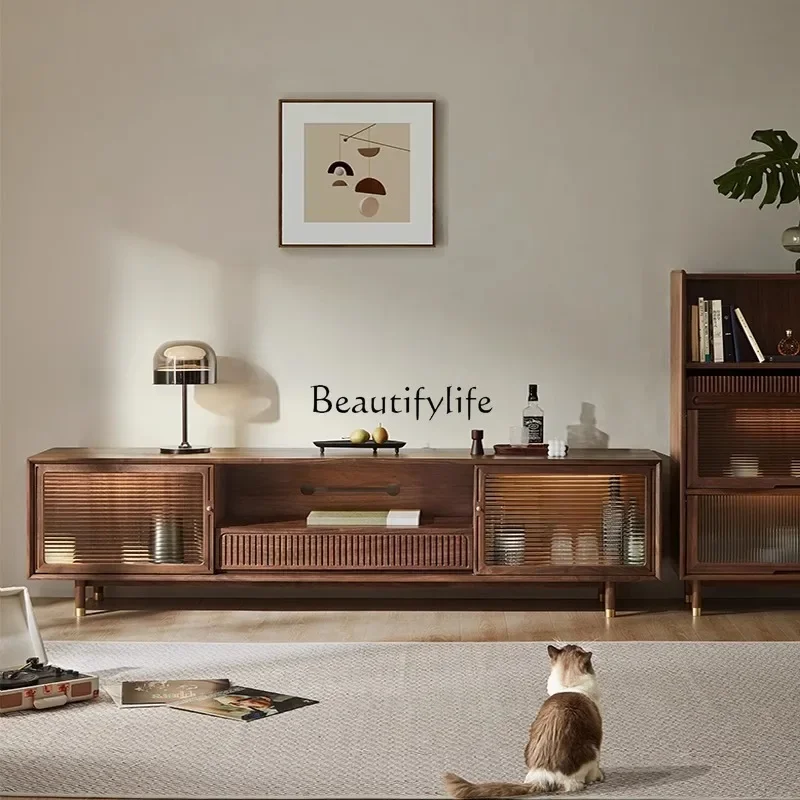 

*Black walnut Nordic solid wood TV cabinet simple light luxury laser log furniture