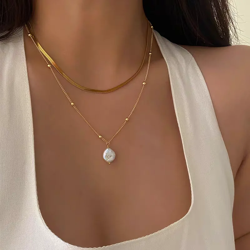 

Brass With 18K Gold Beads Chain Natural Pearl Necklace Women Jewelry Punk Designer Runway Rare Gown Boho Japan Korean