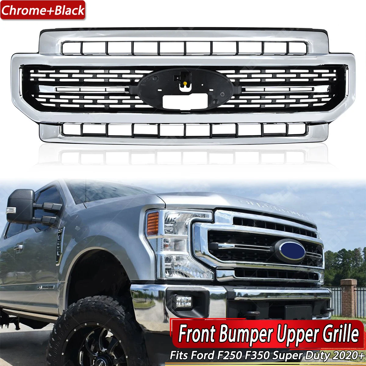 Chrome Front Grille Upper Grill Replace For Ford F250 Super Duty Lariat 2020-2022 Fronr Bumper Grille Modified Grill Accessories