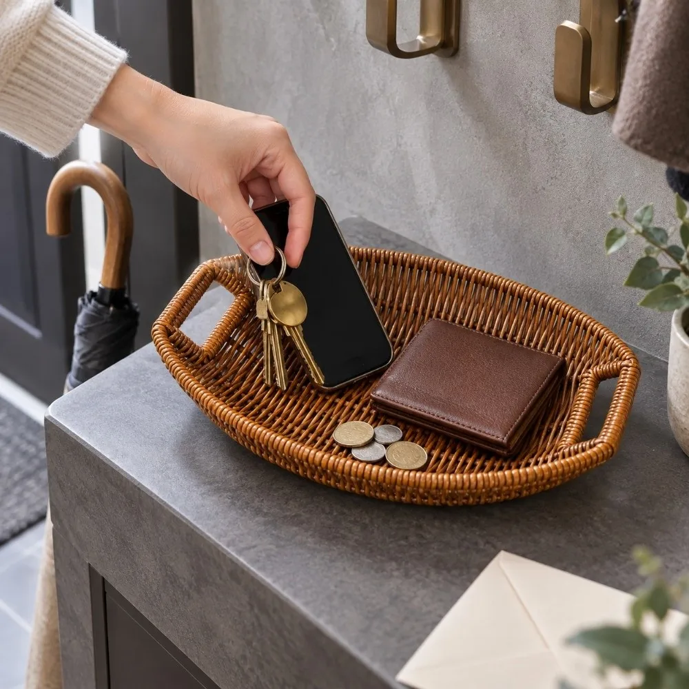 New Hand-woven Small Dustpan Plastic 3 Sizes Fork Spoon Basket Oval Storage Box Restaurant Serving Tabletop Display