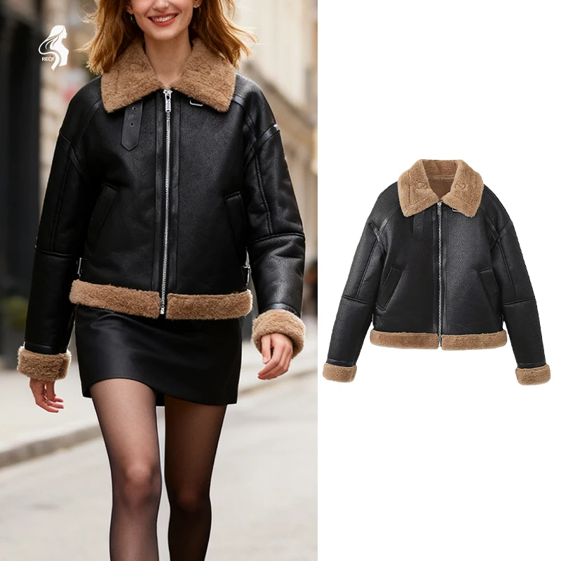 Giacca corta da donna in pelle vestibilità ampia con collo in pelliccia e polsini Orlo con bottoni laterali Giacca calda Abbigliamento donna Trafizaran