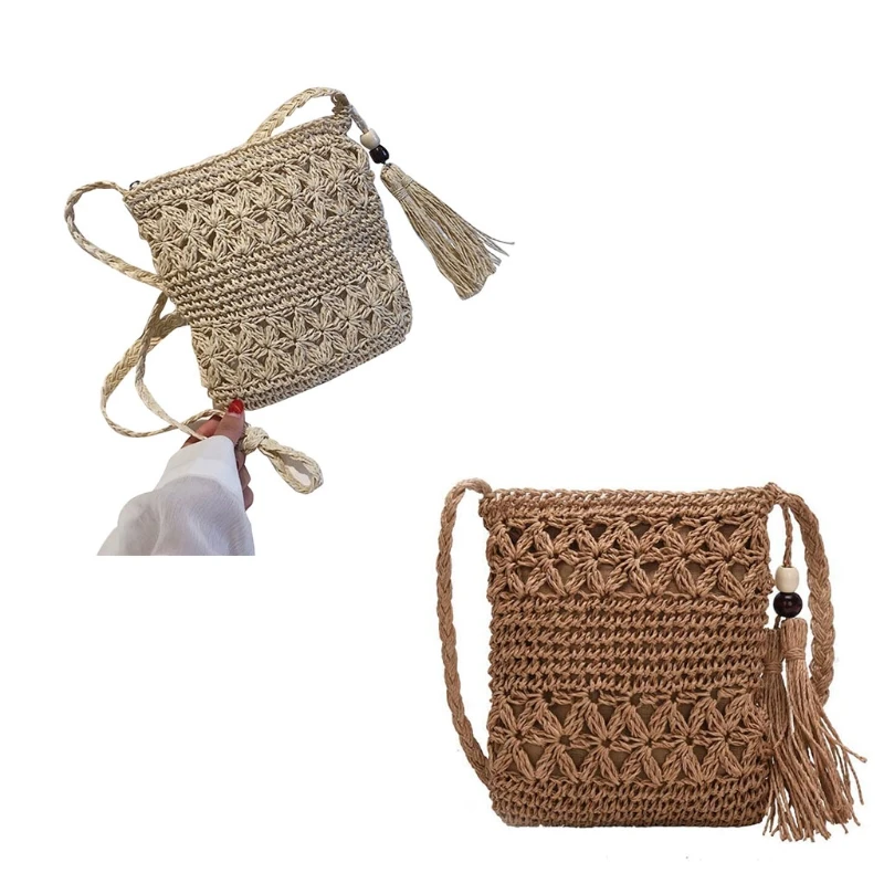 Vrouwen Strand Geweven Stro Schouder Messenger Bag Met Kwastje Boho Holle Haak Crossbody Handtas Macrame Portemonnee