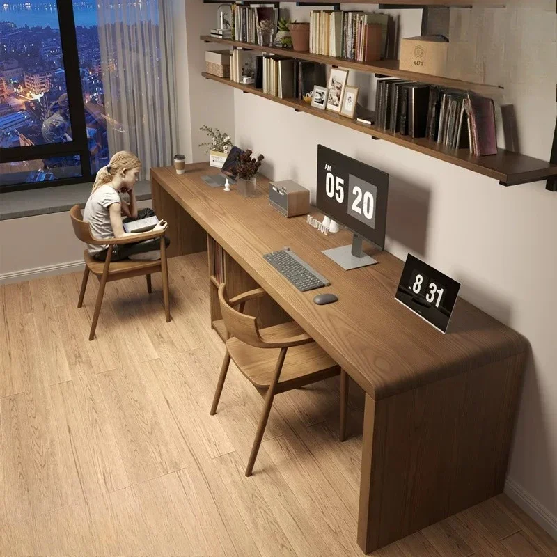 Double large desk household solid wood computer desk workbench modern long table log study writing table