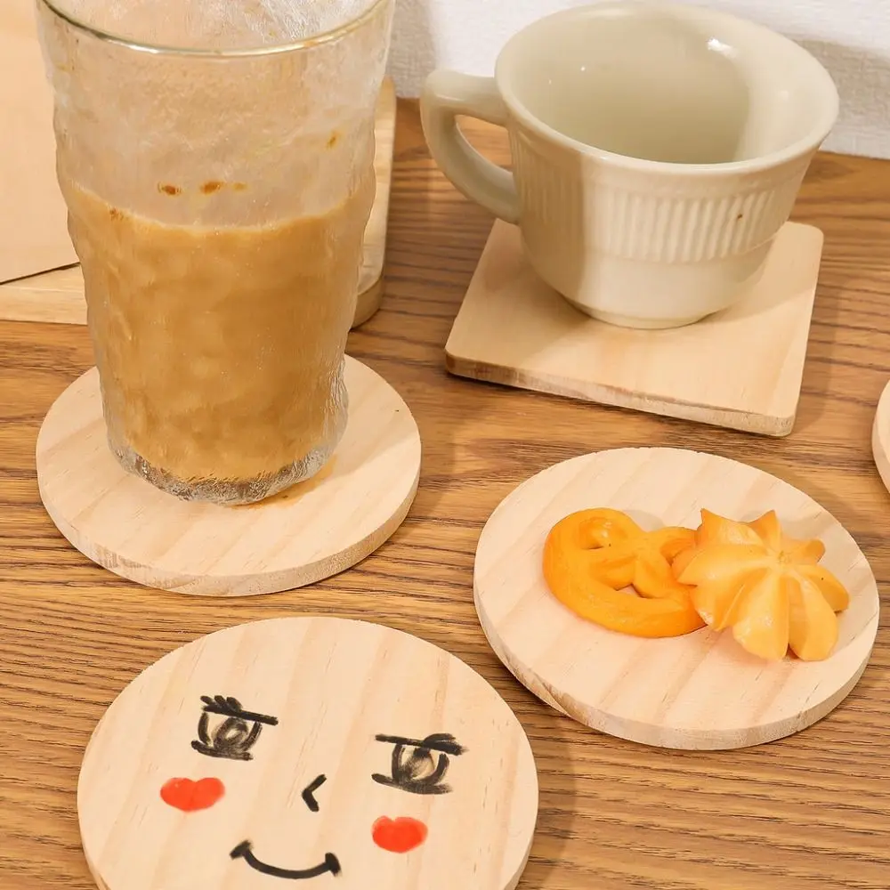 5Pcs Solid Wood Coffee Mug Coaster Heat Resistant Anti-slip Cup Mat Drawing Board DIY Craft Painting Wood Engraving Decoration