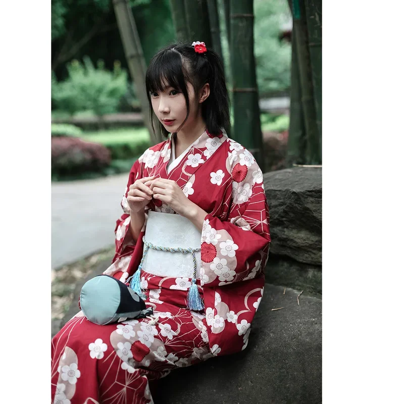 Traditional Japanese Floral Kimono with Belt Women's Spring New Cute Cotton Yukata Dress Vintage Cosplay Costume Evening Dress