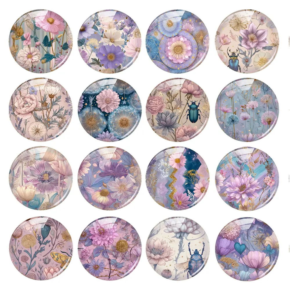 Random Mixed Round/Oval/Square Purple Floral Beetle Insect Photo Glass Cabochon Flatback Demo Cameo For Diy Jewelry Making