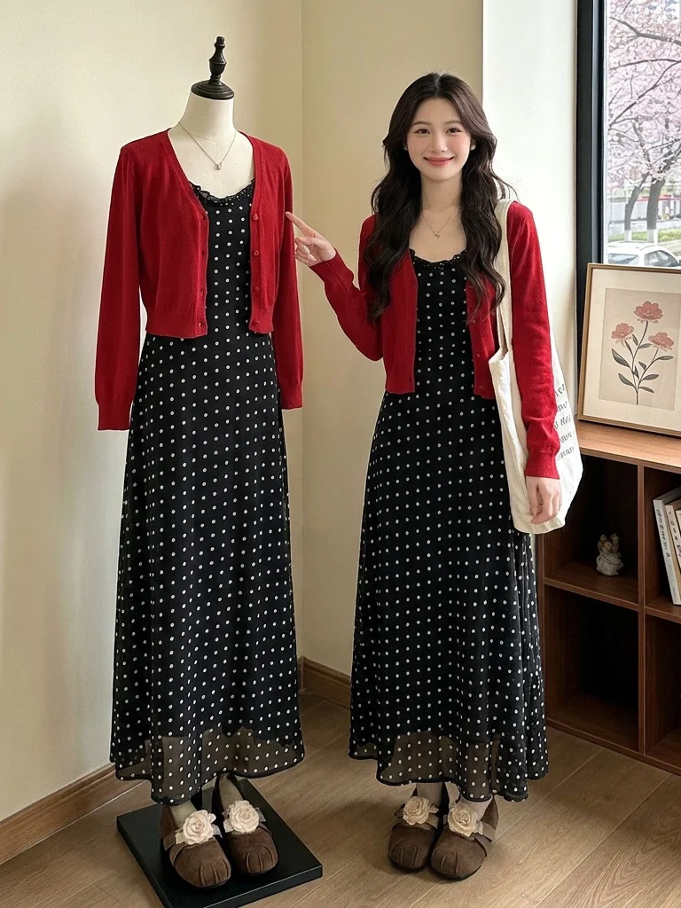 

Large Size Women's Summer Polka Dot Dress Set Red Sun Protection Outerwear Cardigan Two Piece Set Fashionable Commute Style