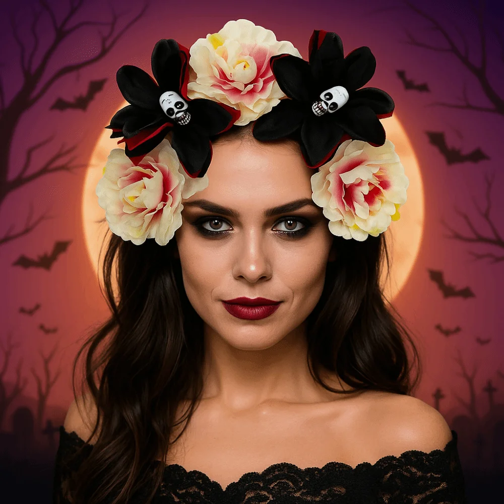 

Exaggerated Skull Head Headband Simulation Flower Colorful Halloween Hair Hoop Halloween Decor Funny Gothic Flower Hairband