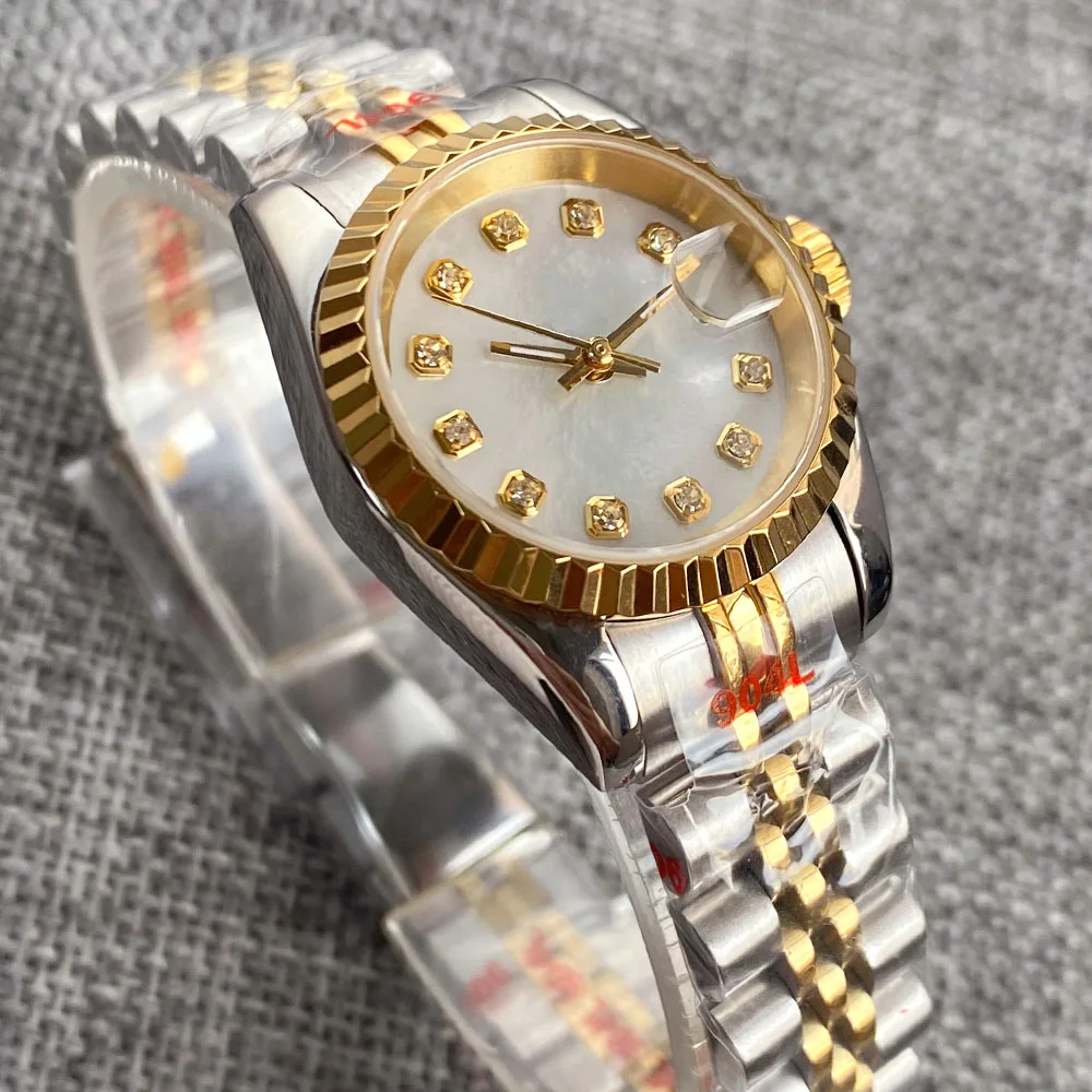 Shell Dial Date Two Tone Diamond Index 26mm NH05 Automatic Women Wristwatch Sapphire Crystal Steel Bracelet Ladies Watch