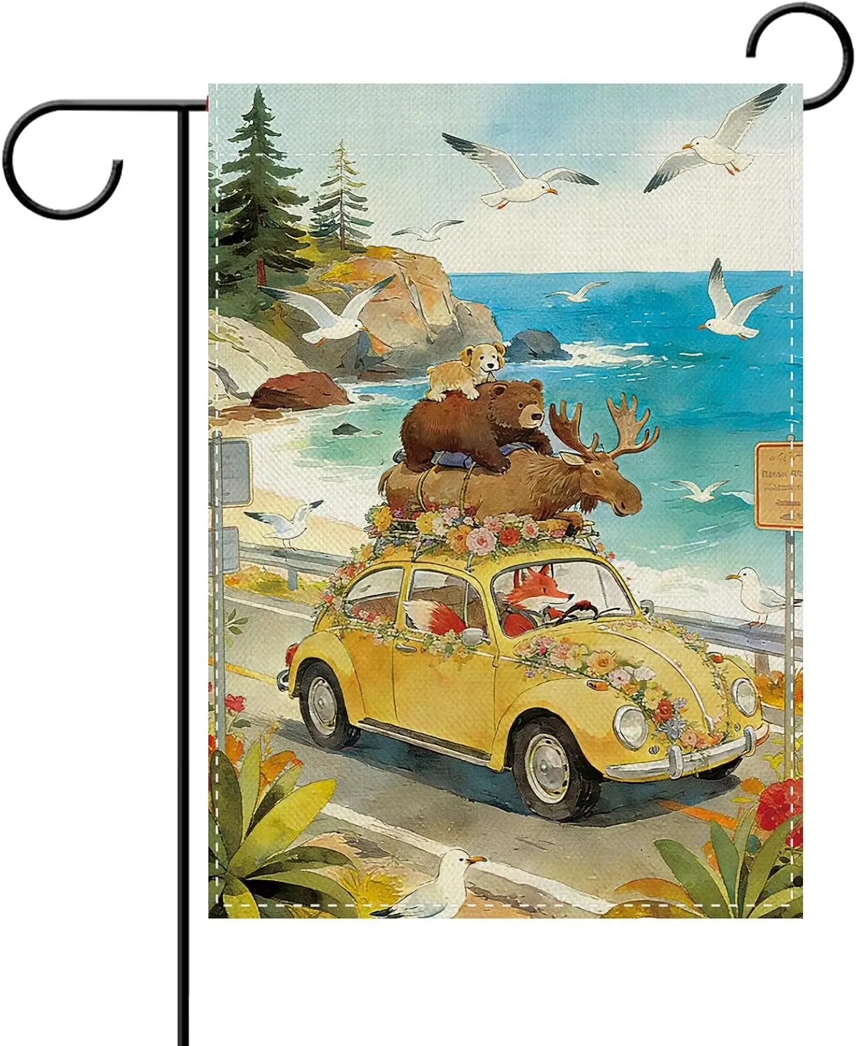 Whimsical Animals Road Trip Garden Flag 12x18in, Watercolor Bear Moose Fox aaz