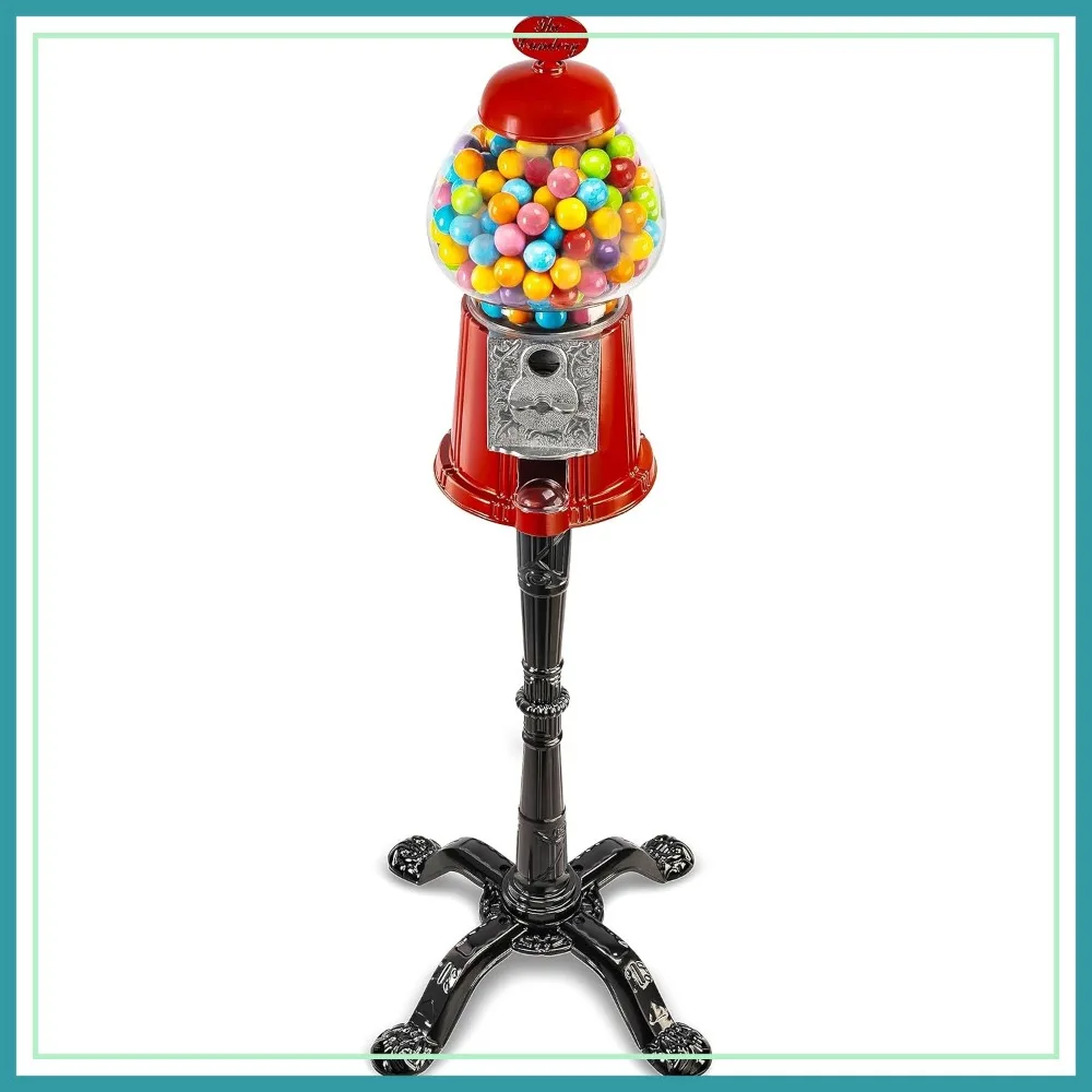 

15-Inch Gumball Bubble Machine - Heavy Duty Red Metal Candy Dispenser with Stand, Large Bowl, Easy Refill, Free or Coin Operated