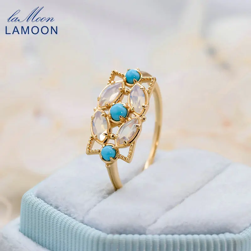 LAMOON Gemstone Ring Natural Opal Turquoise Vintage Hollow Ring For Women 925 Sterling Silver Gold Vermeil Jewelry Accessories