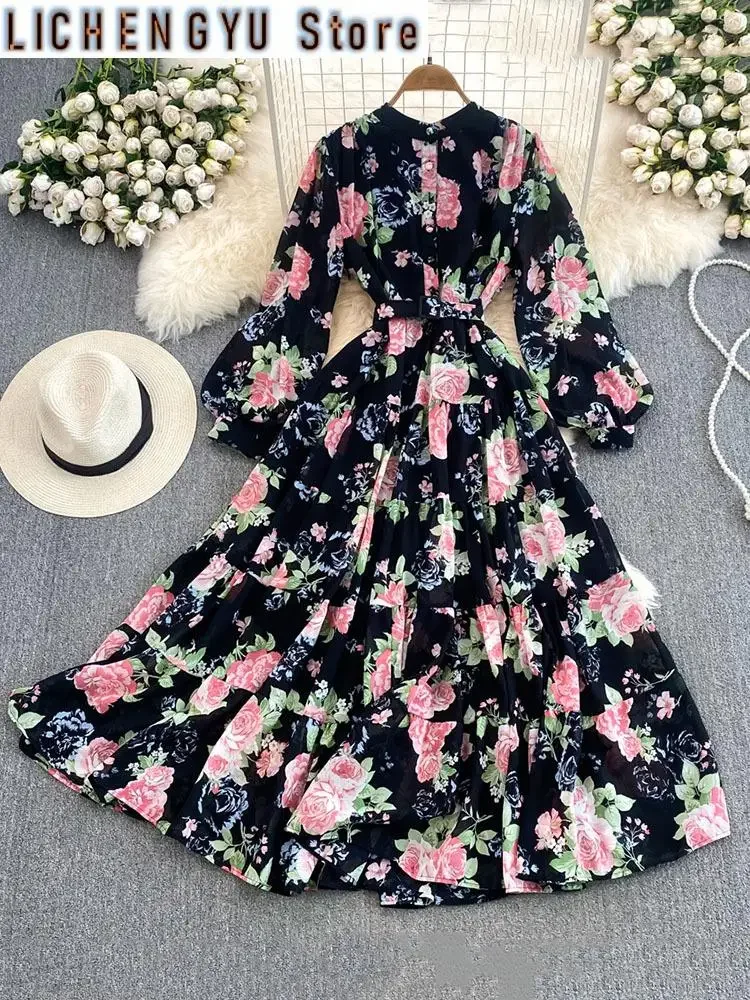 

Sweet Style Women's Lantern Long Sleeve Stand Contrast Color Print High Waist A-Line Dress Autumn New Dresses