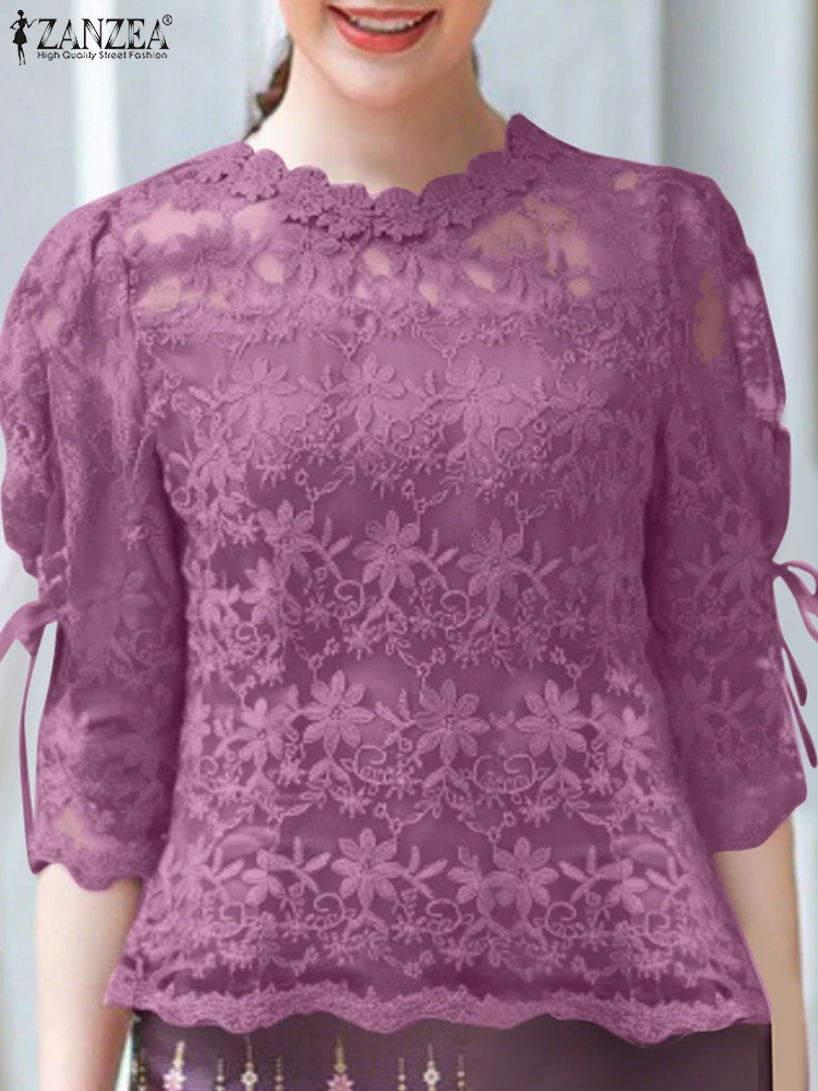 

Stylish Lace Blouses 2025 ZANZEA Elegant Summer Hollow Out Shirt Women Short Sleeve Embroidered Work Tops Fashion Holiday Blusas