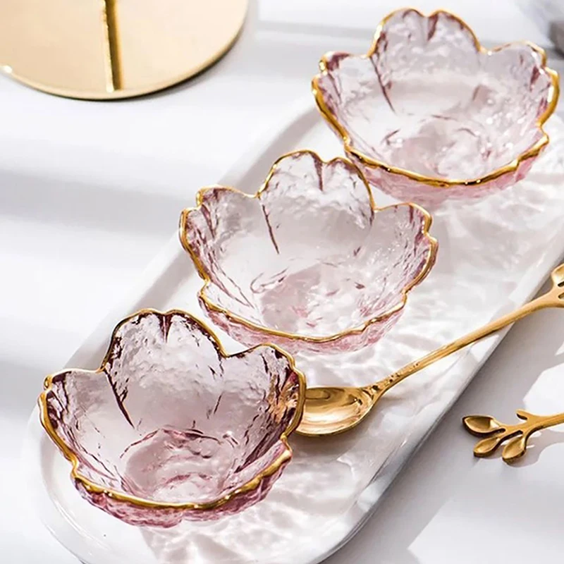 New Cherry Blossoms Seasoning Plate Small Glass Dish Nodic Gold Inlay Sauce Bowl For Ice Cream Fruit Sala Kitchen Supplies