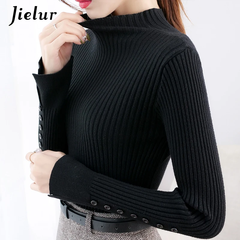 New Semi Turtleneck Women\'s Sweaters Pullover Korean Slim Warm Basic Knitwear Fall Brown Black Sweater Female Button S-XL