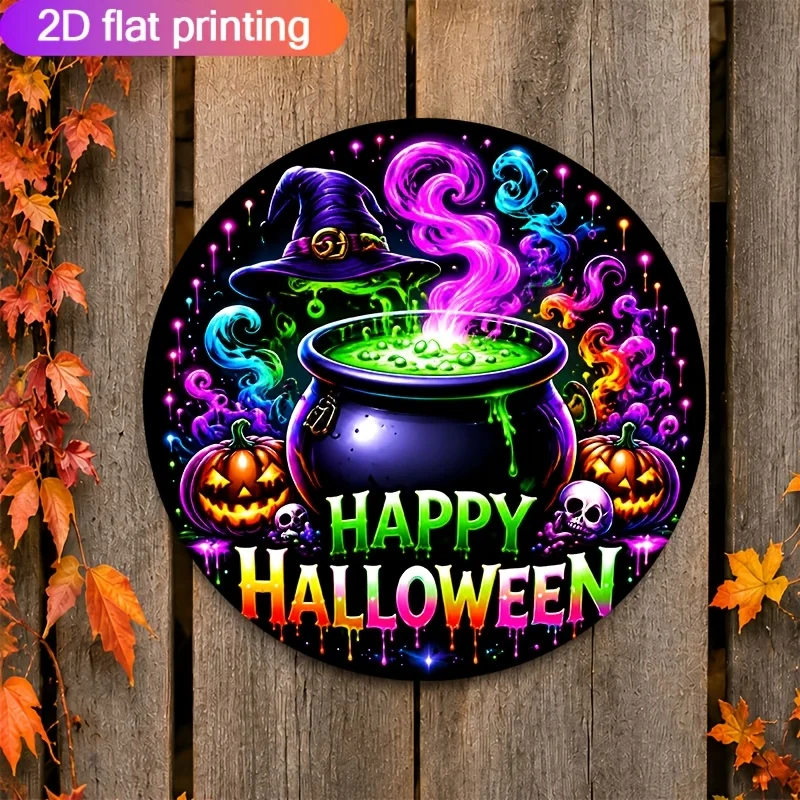 1pc Round Halloween Wooden Sign, Neon Magic Cauldron Witch Hat Glowing Pumpkin And Skull Design, Hanging Door Sign, Suitable for