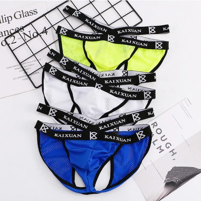 

Men's Underpants low waist double belt hollow mesh rear empty panties light breathable sexy briefs