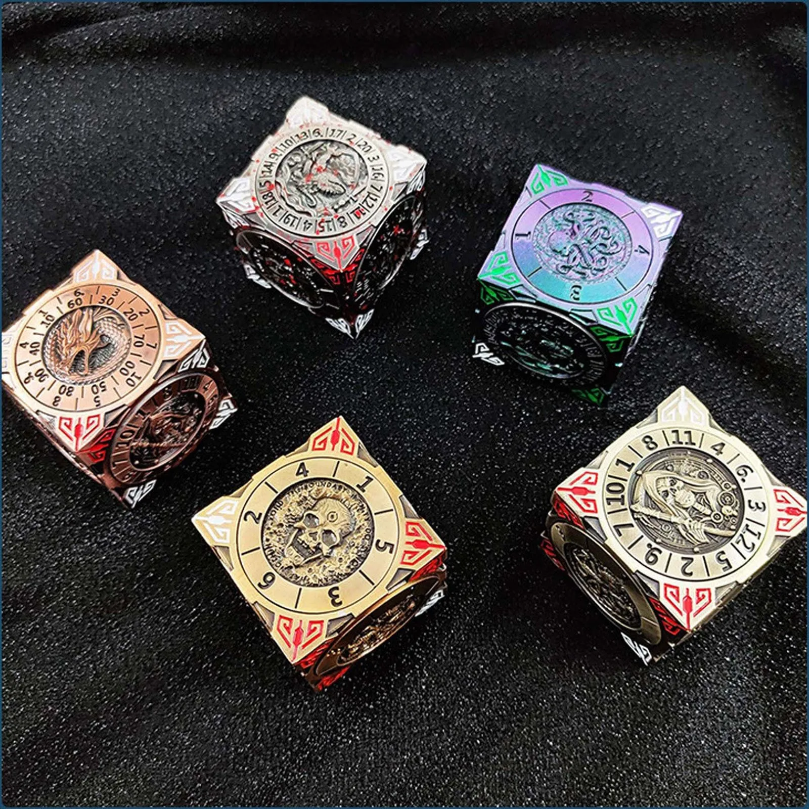 

6 Styles Fun 7-in-1 Metal Dice Set With 3D Relief For Gifts, Roleplaying Game Dice, Tabletop RPG Accessories