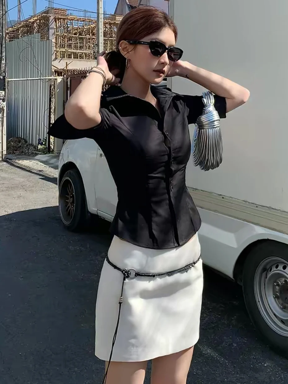 

Женская черная приталенная рубашка с рукавом 3/4, укороченная, в корейском стиле, для ранней весны, с акцентом на талии, для повседневной носки