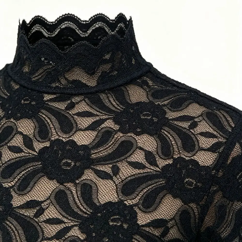 Street Outfit M-3XL Lace Top Mock Neck Floral Lace Base Shirt Slim Fit Hollow Out Lace Blouse Date Wear