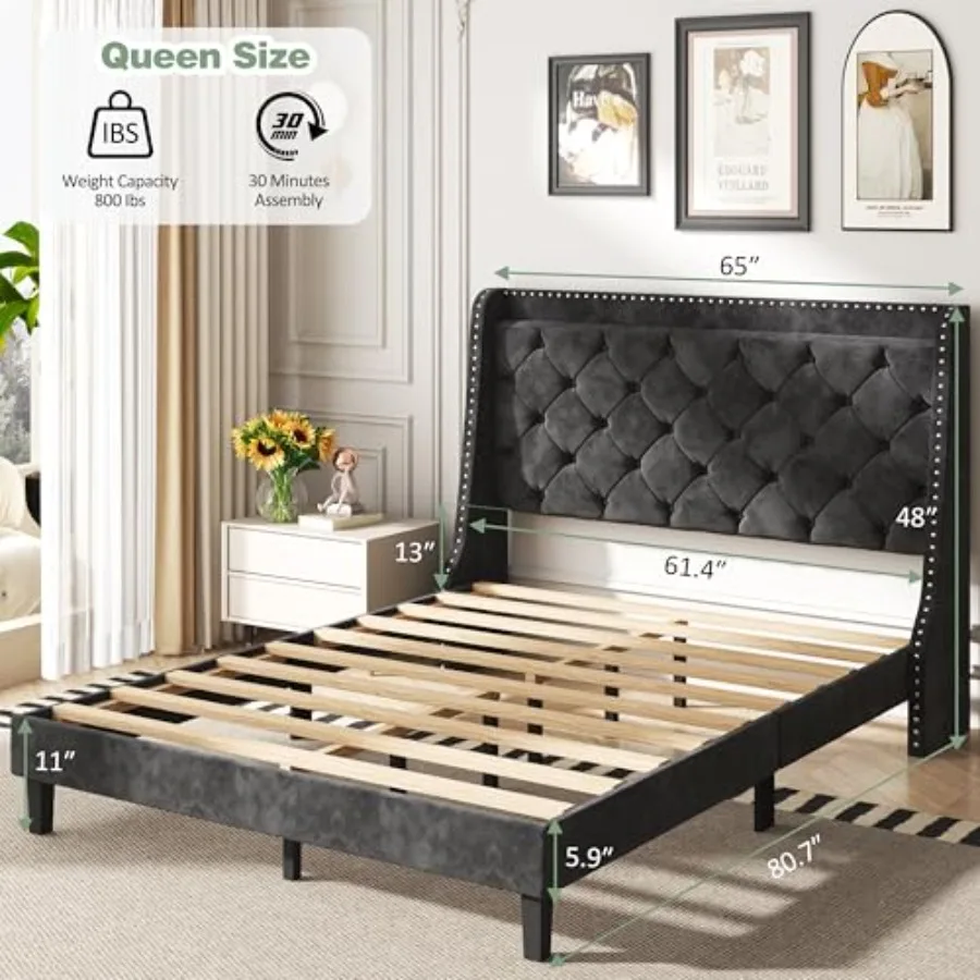 Queen Bed Frame with Storage Headboard for Bedroom, Velvet Upholstered in Black, Wingback Tufted Design, Noise-Free Wood Slat S