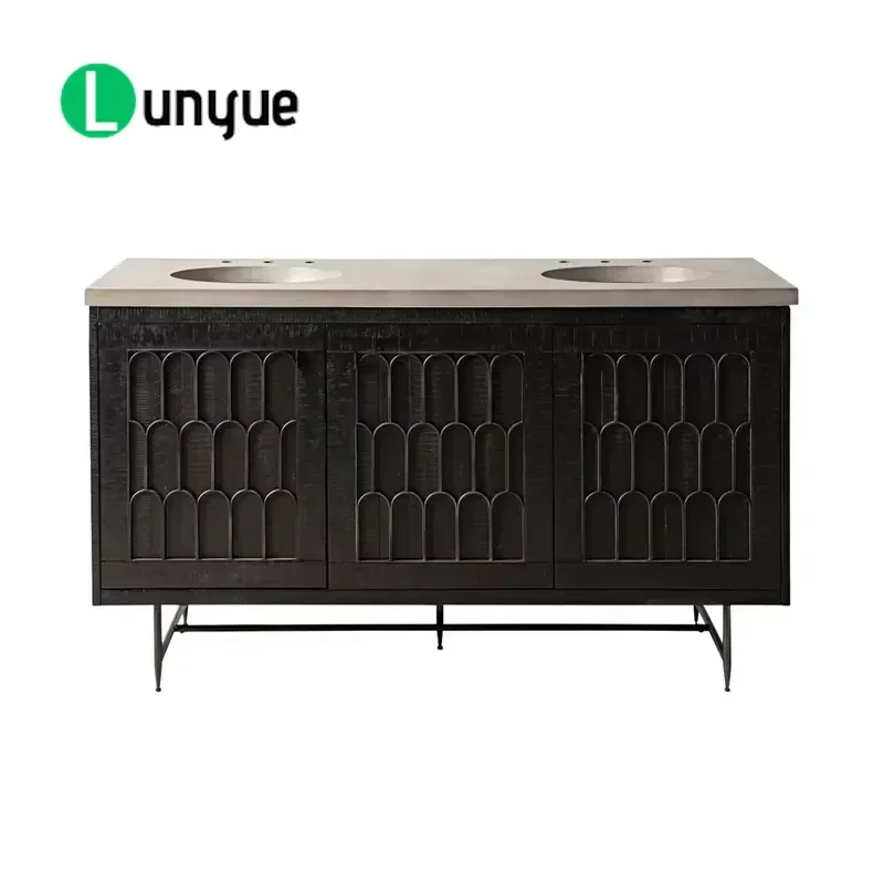 Modern Acacia Wood Double Sink Bathroom Vanity Concrete Top Floor Mounted High End Storage Cabinet for Contemporary Bath