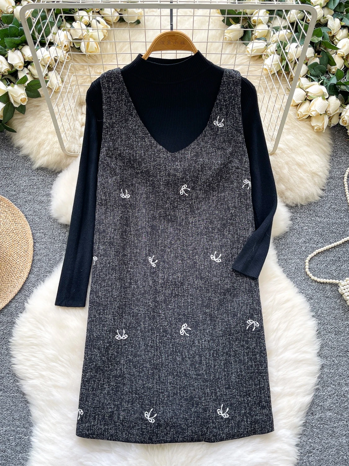 

Korean Sle Anti-Aging Faion Set Women's Autumn Winter Long Sve Knitted Top Knot Embroidery Svel Vest S...