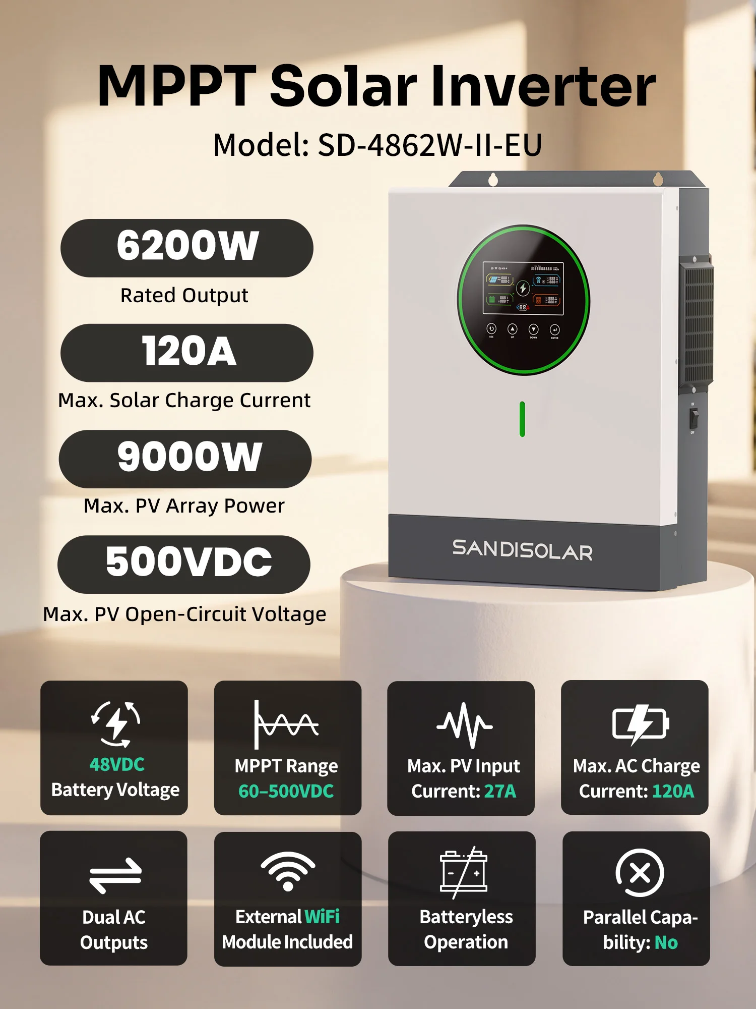 SANDISOLAR 11KW 48V 6.2KW 48V 4.2KW 24V Solar-Hybrid-Wechselrichter 48V 230V Dual MPPT 500VDC Eingang 160A Ladestrom Reine Sinuswelle Notstromlösung