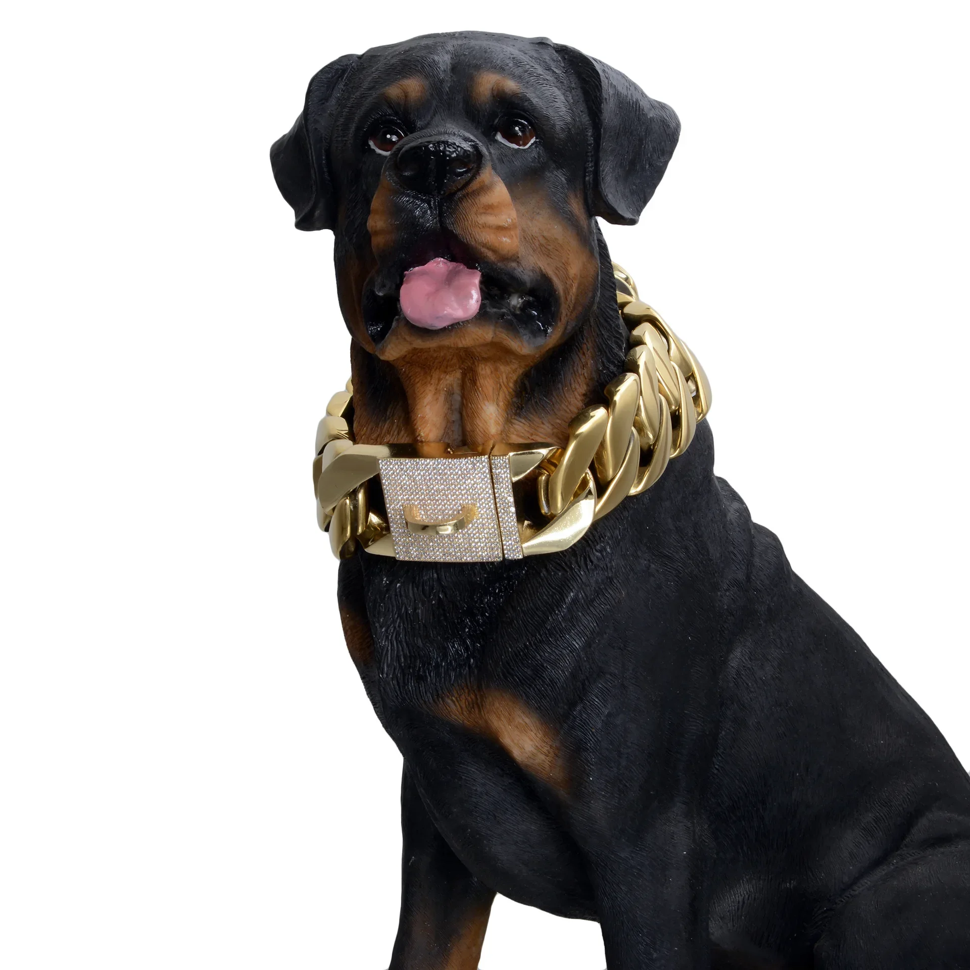 32mm Stainless Steel Gold Diamonds Bail Pet Bull Dog Thick Chain Collar