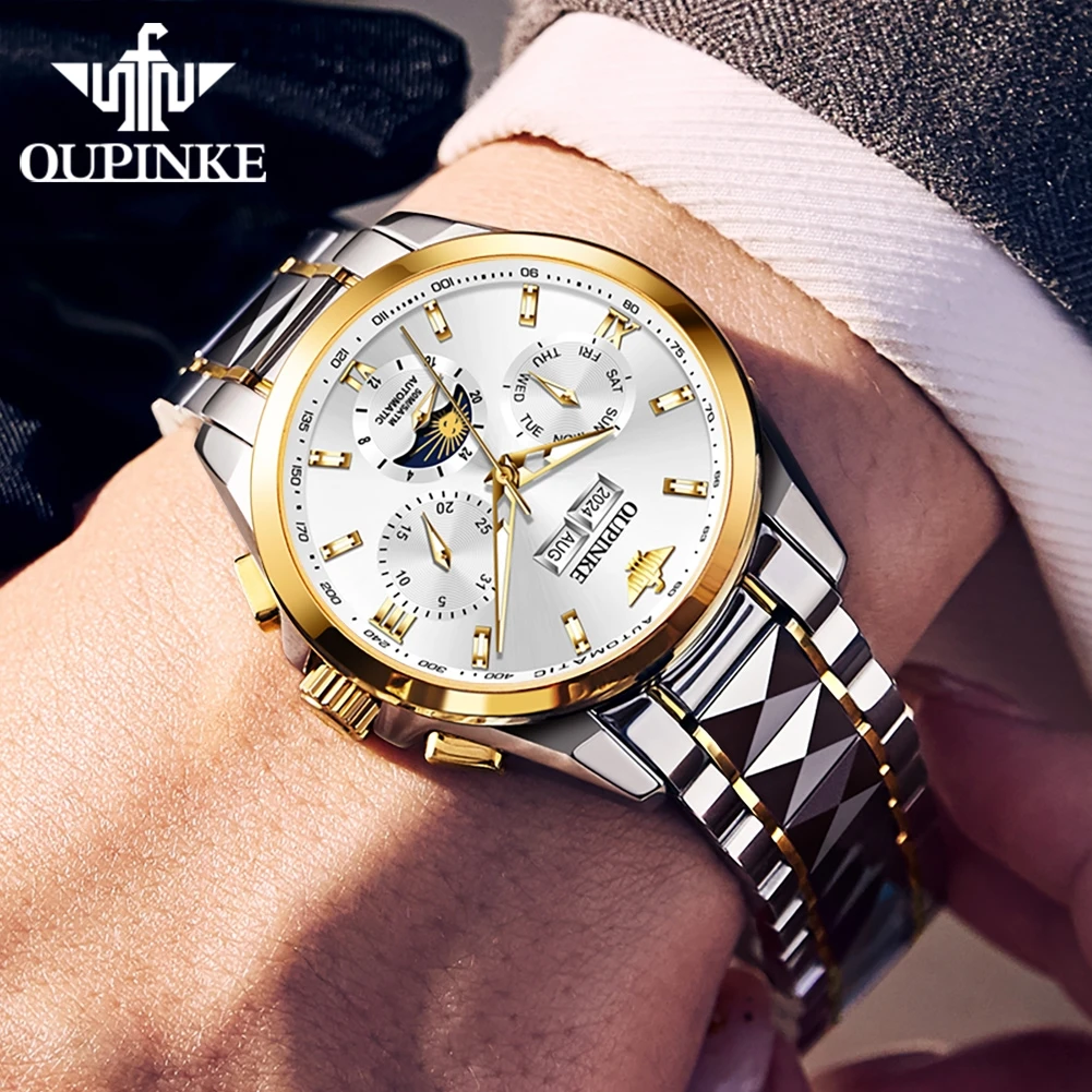OUPINKE 3201 Genuine Men's Watch Moon phase Waterproof Tungsten steel High-end Automatic Mechanical Watch for Men
