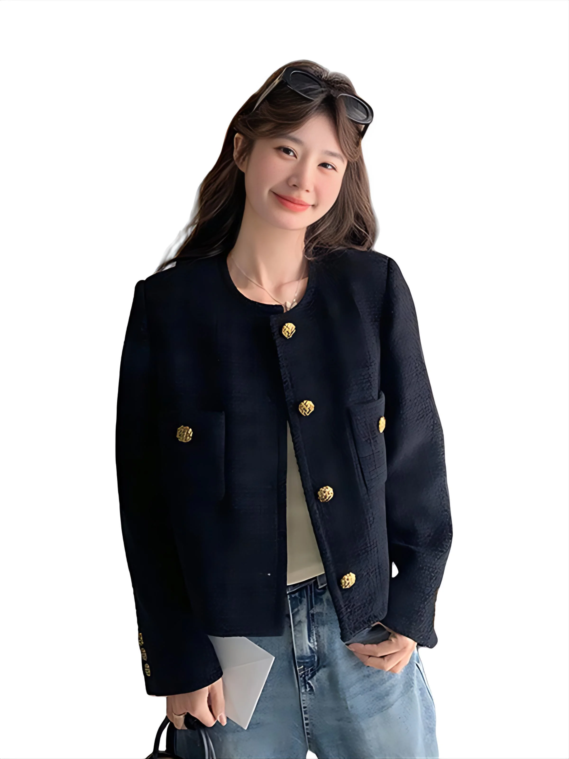 Tweed Jacket Dark Blue For Girl Womens Winter Stylish Fashionable Trending Seamless Puff Retro Bomber Racer Wicking Stereoscopic - view 5