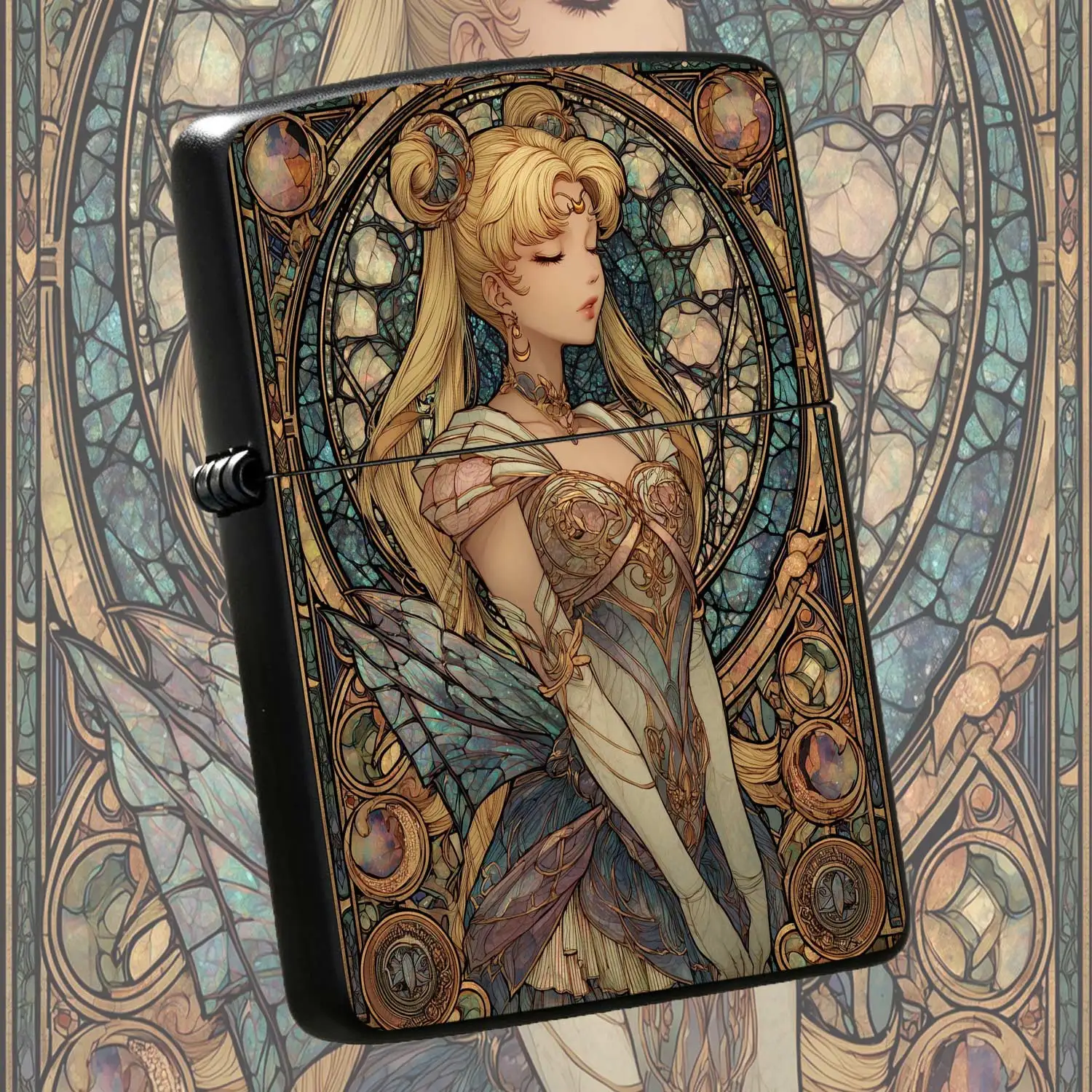 Art Nouveau Style Pocket Windproof Lighter, Reusable Flip-top Design, Exquisite Anime Character Stained Glass Pattern, High-value Collectible Portable Daily Ignition Tool with Retro Aesthetic