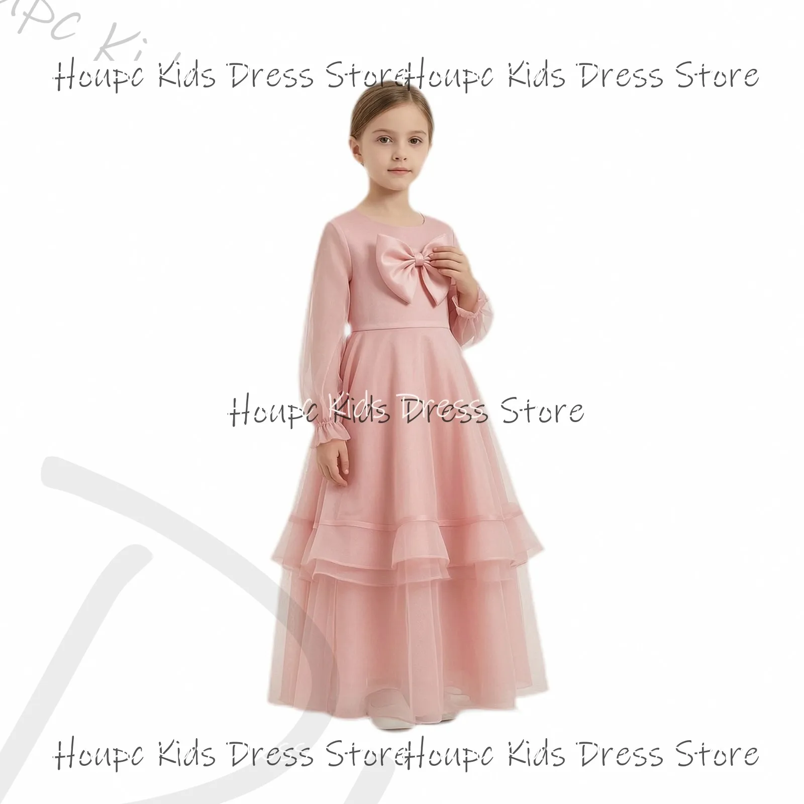 Custom Flower Girl Dresses Princess Style Satin with Tulle Bow and Ruffled Skirt for Wedding Birthday Party, Evening Party