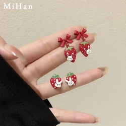 Mihan Lovely Jewelry 925 Silver Needle Red Stawberry Earrings Sweet Korean Temperament Boknot Rabbit Drop Earrings For Girl Gift