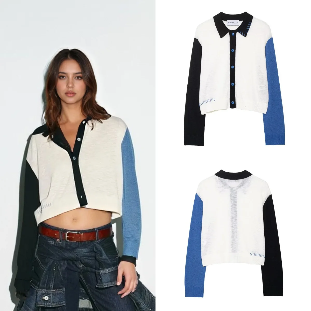 

Women's Polo Neck Knitted Cardigan Coat New Autumn Fashion Color Block Versatile Casual Style Outerwear Export Quality