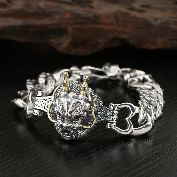 

China-Chic Silver Jewelry Hegemonic Trend Men's Dragon Bracelet S925 Sterling Silver Jewelry Thai Silver Bracelet Hip Hop Fashio