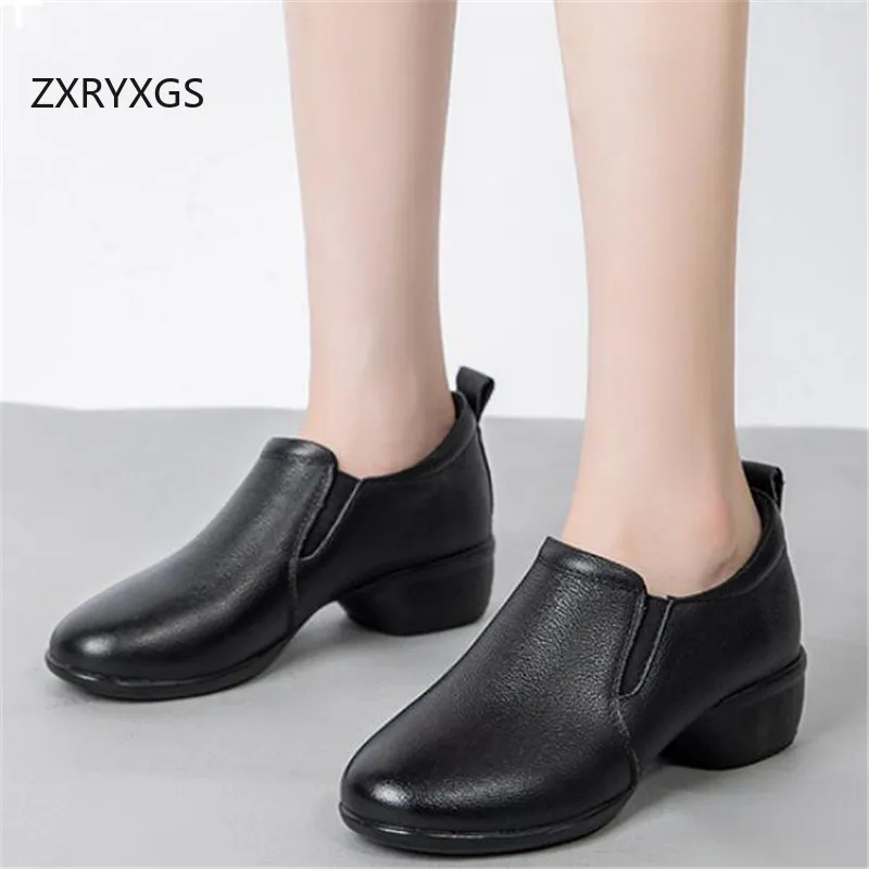 

ZXRYXGS Soft Genuine Leather Soft Sole Comfort Mid Heels Women Dance Shoes New 2024 Plus Velvet Winter Shoes Black Casual Shoes