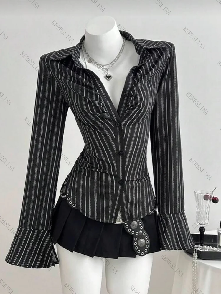 Women's Striped Long Sleeve Tops Streetwear Casual Sexy Y2K Vintage Hip-Hop Rock Harajuku 2000s Aesthetic Slim Women's Tops emo view 2