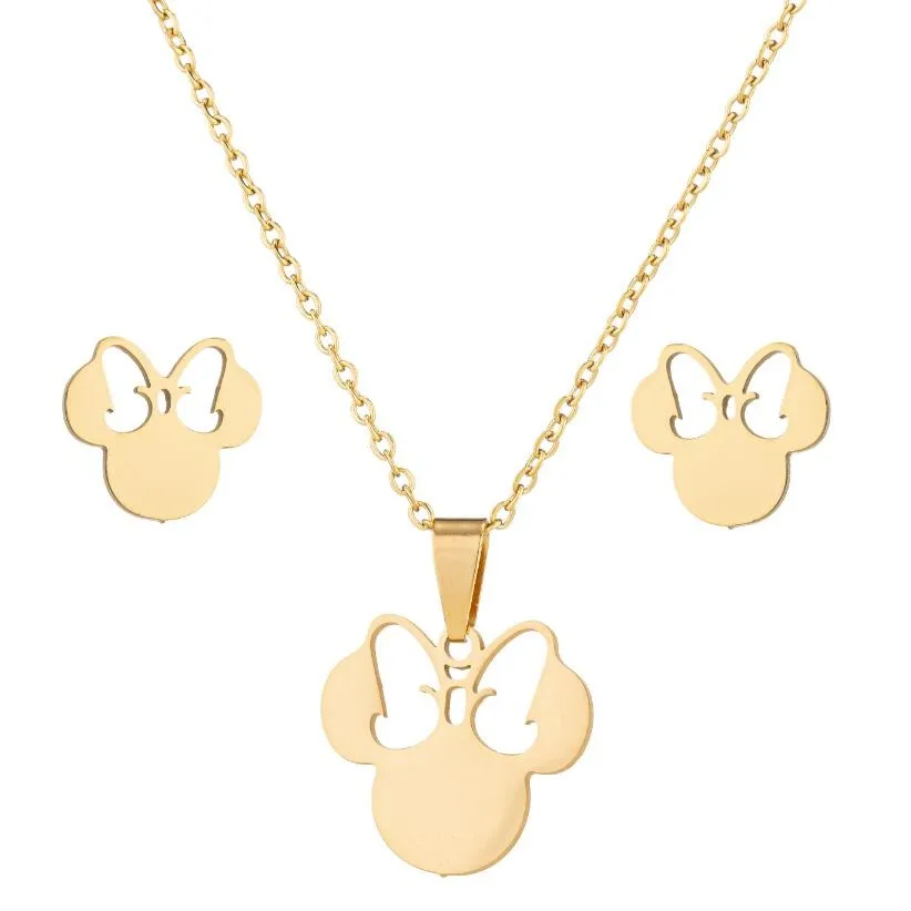 Anime Cute Cartoon Bow Mouse Stainless Steel Jewelry Set For Women Wedding Accessories Bride Earrings And Necklace Jewelry Set