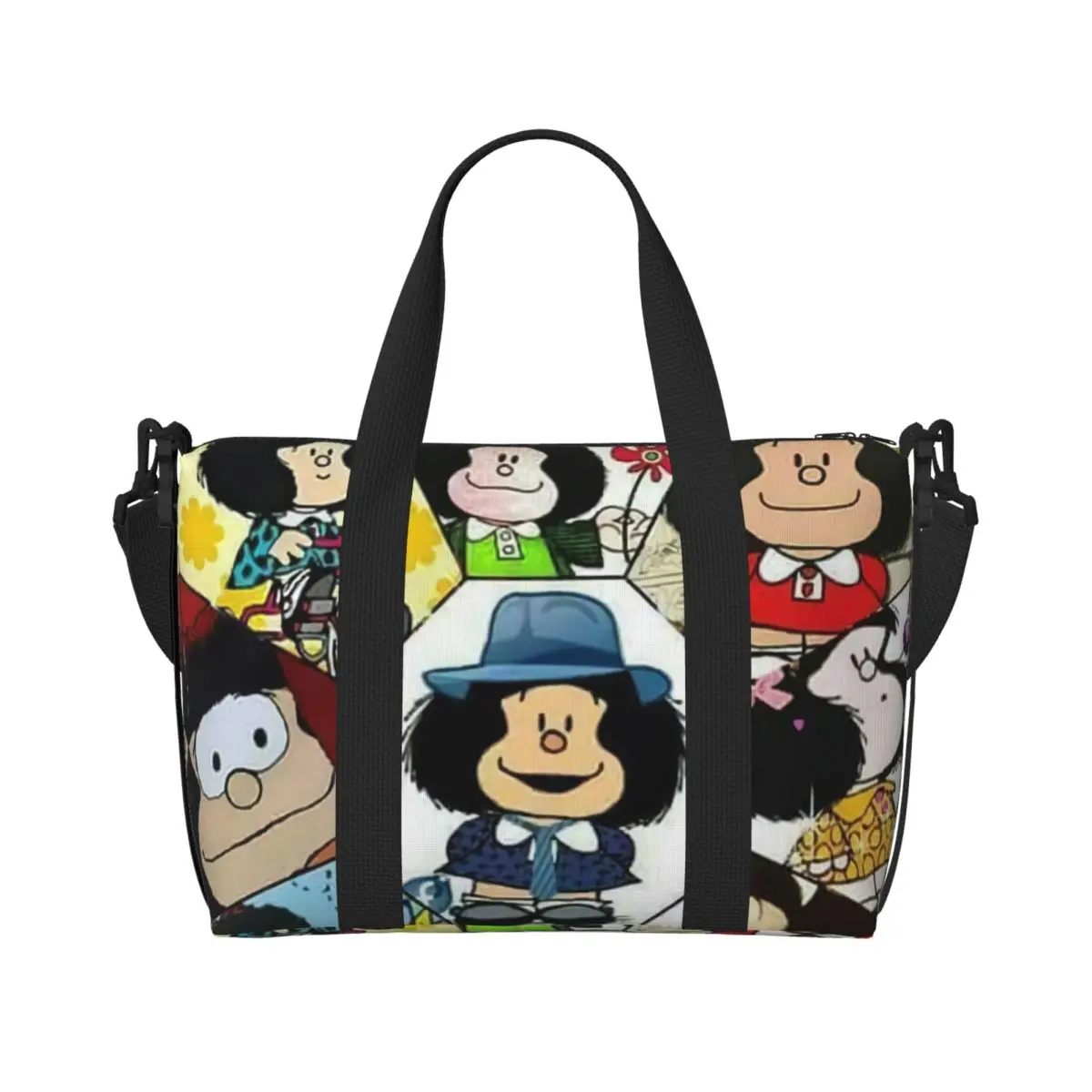 Custom Mafalda Collage Beach Tote Bag Women Extra Large Gym Carry On Cartoon Manga Quino Comic Travel Shopping Bags