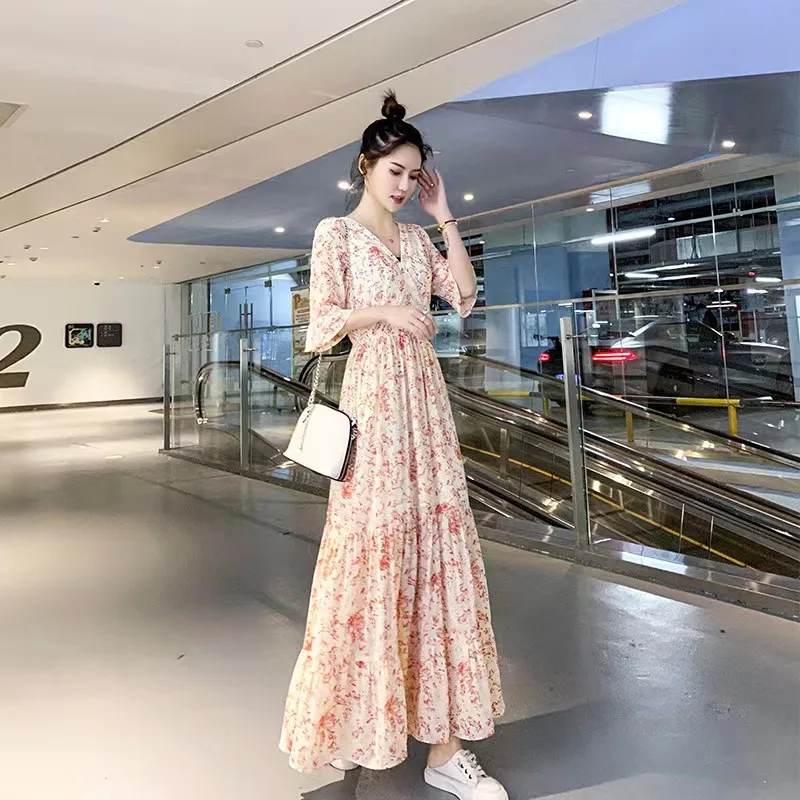 

2024 Summer New Chiffon Long Dress Women's Fashion Korea Sundress Short Sleeve Beach Fairy dresses Retro Floral Bohemian Dress