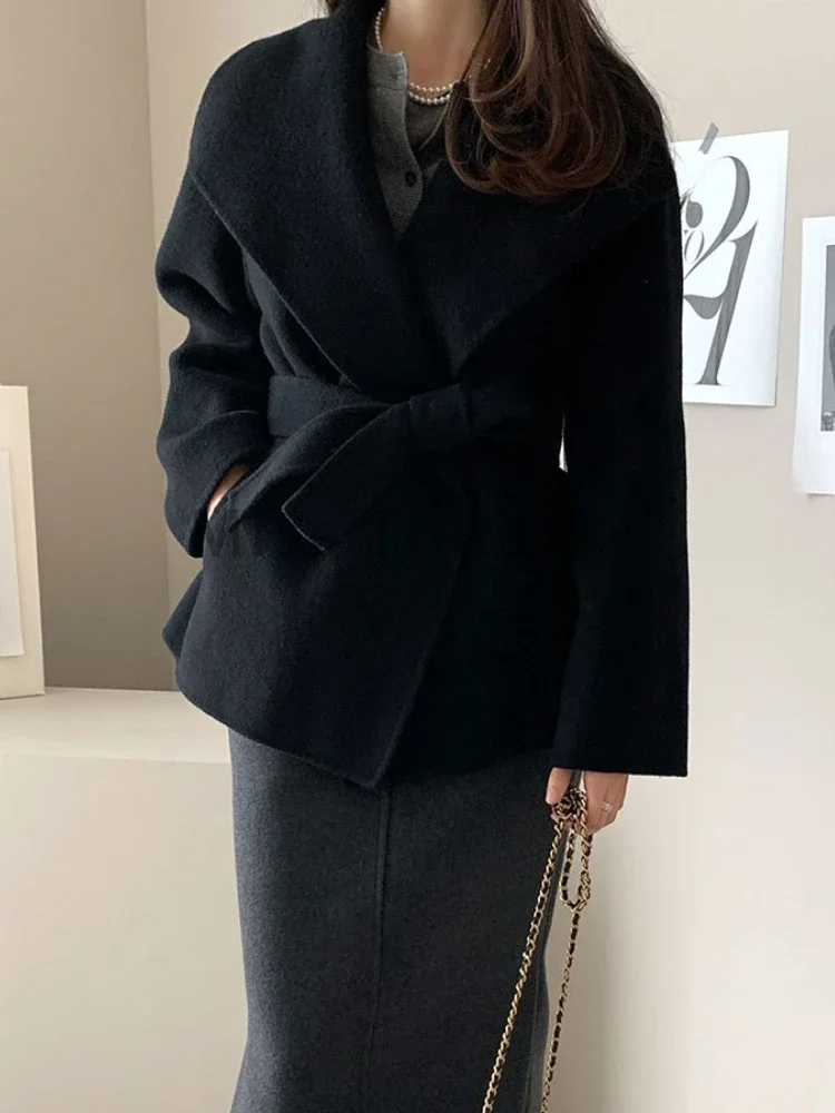 Korea Chic Autumn Winter Retro Coat Women Fashion Simple Design Lapel Woolen Jacket Tie Grey Pocket Casual Short Blends 2024 New